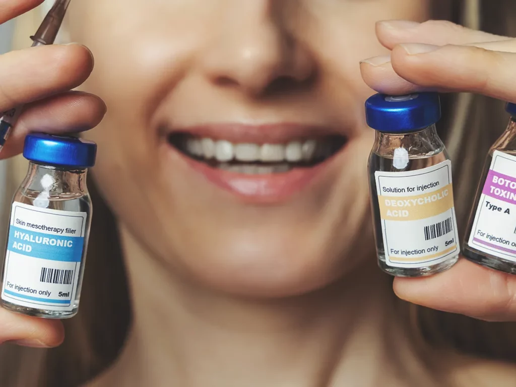 Uśmiechnięta kobieta trzyma buteleczki z kwasem hialuronowym