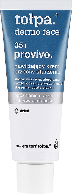 Tubka kremu 35+ stoi pionowo na białym tle, widoczne niebiesko-białe etykiety.