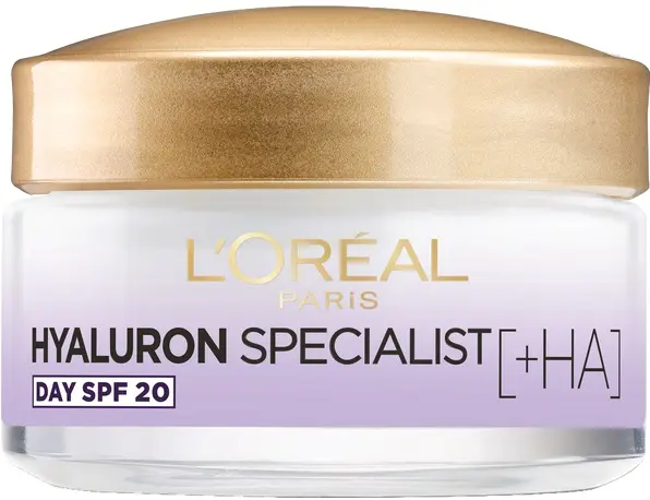 Słoik kremu L'Oréal Hyaluron Specialist pokazuje etykietę Day SPF20 na jasnym, neutralnym tle.