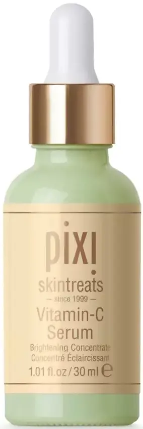 Butelka serum Pixi Vitamin‑C z pipetą stoi pionowo na białym tle, zielono-złota etykieta.