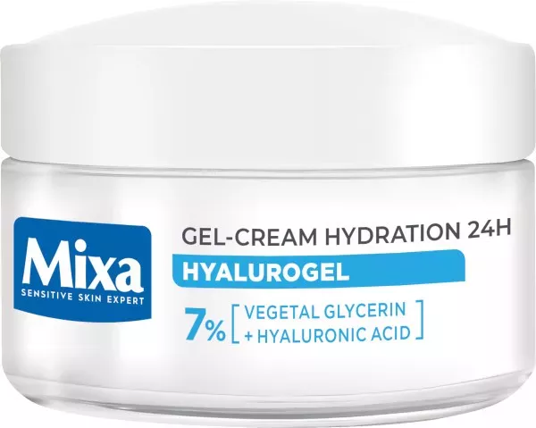 Słoiczek krem-żel Mixa informuje o Hyalurogel, 7% gliceryny i 24‑godzinnym nawilżeniu, na białym tle.