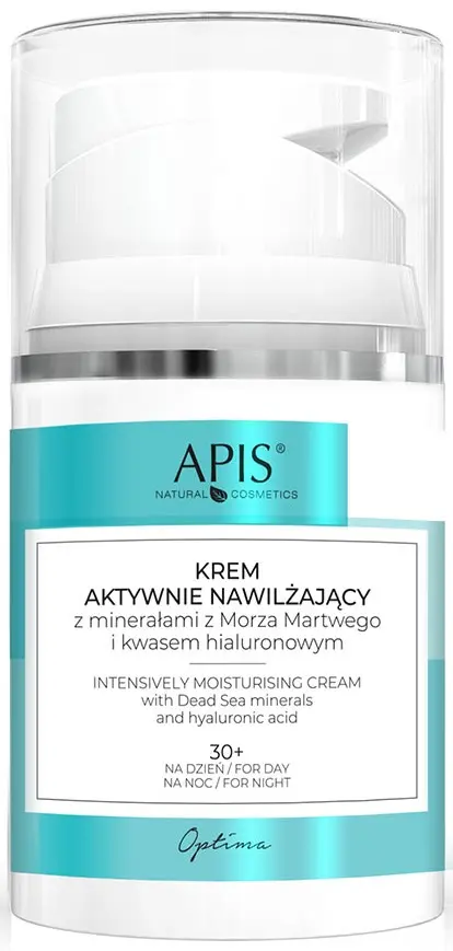 Opakowanie kremu APIS stoi na białym tle; etykieta podkreśla minerały Morza Martwego i kwas hialuronowy.