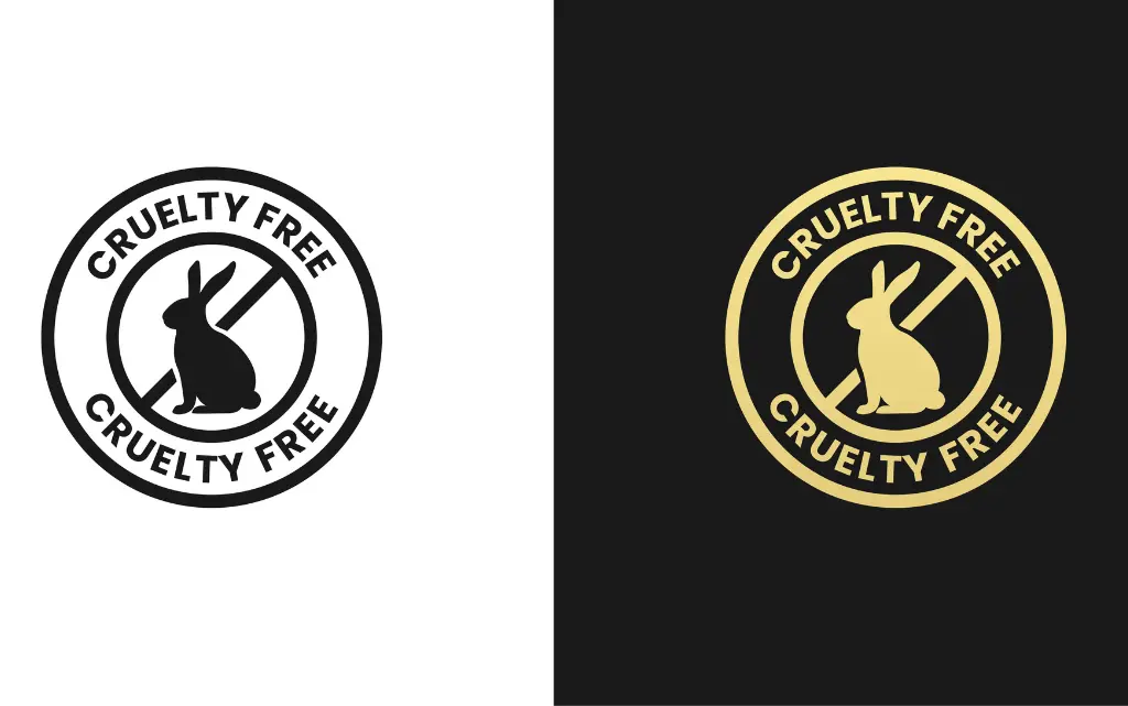 Logo na białym i czarnym tle z przekreślonym króliczkiem i napisem cruelty free