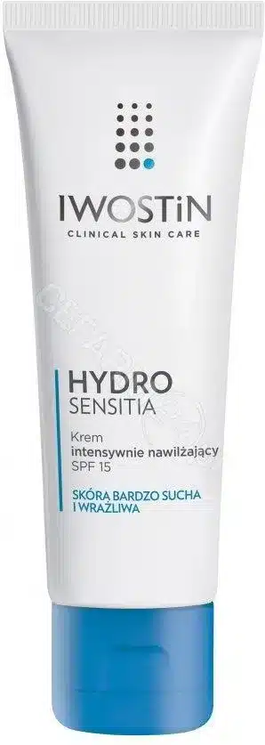 Tubka kremu Iwostin Hydro Sensitia stoi pionowo, etykieta: intensywne nawilżanie, SPF15; białe tło.