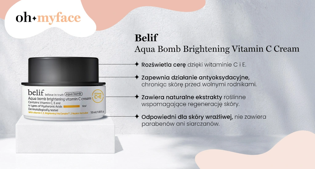 Infografika - właściwości kremu do twarzy Belif Aqua bomb brightening vitamin C cream