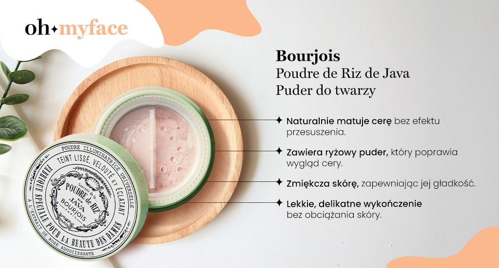 Infografia dotycząca właściwości pudru sypkiego Bourjois Poudre de Riz de Java