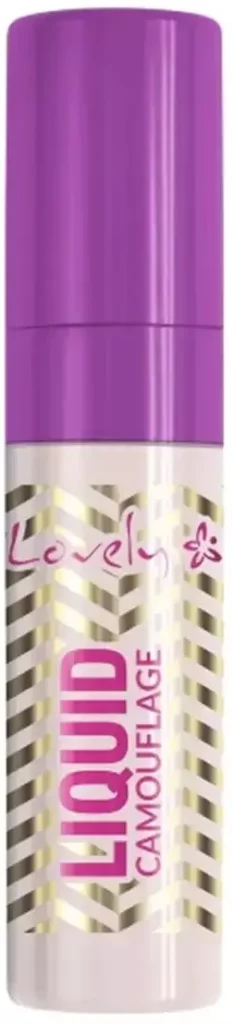 Butelka korektora z fioletową nakrętką stoi pionowo na jasnym tle, etykieta "Liquid Camouflage".