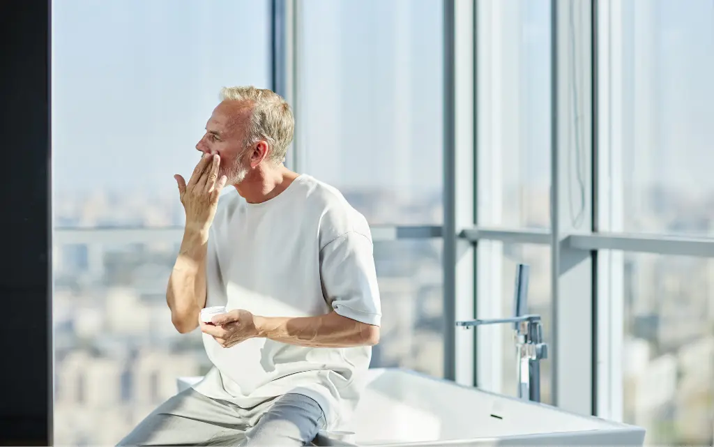 Dojrzały mężczyzna siedzi na brzegu wanny i nakłada krem nawilżający na twarz