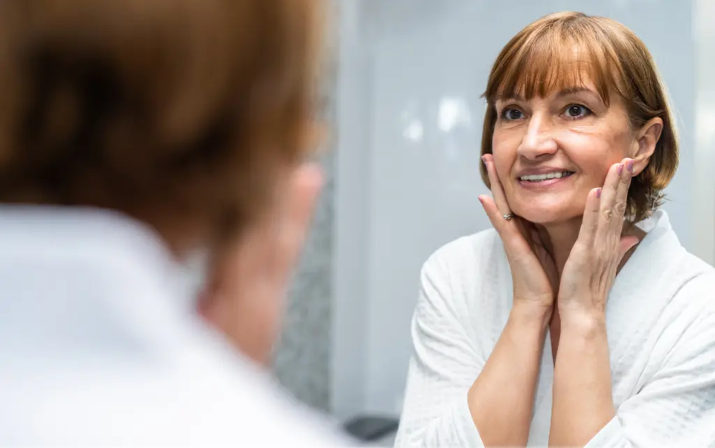 Starsza kobieta przed lustrem dotyka twarzy obiema dłoniami i się lekko uśmiecha