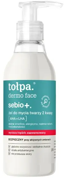 Butelka z dozownikiem zawierająca żel do mycia twarzy „tołpa dermo face sebio+” na białym tle.