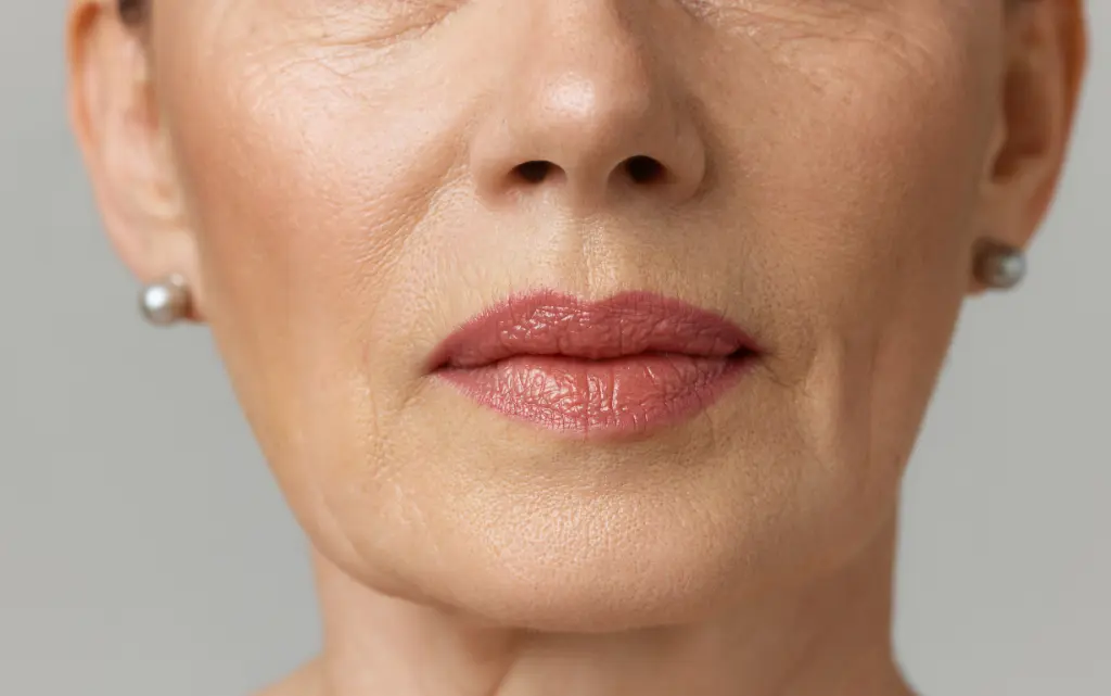 Zbliżenie na zmarszczki wokół ust starszej kobiety