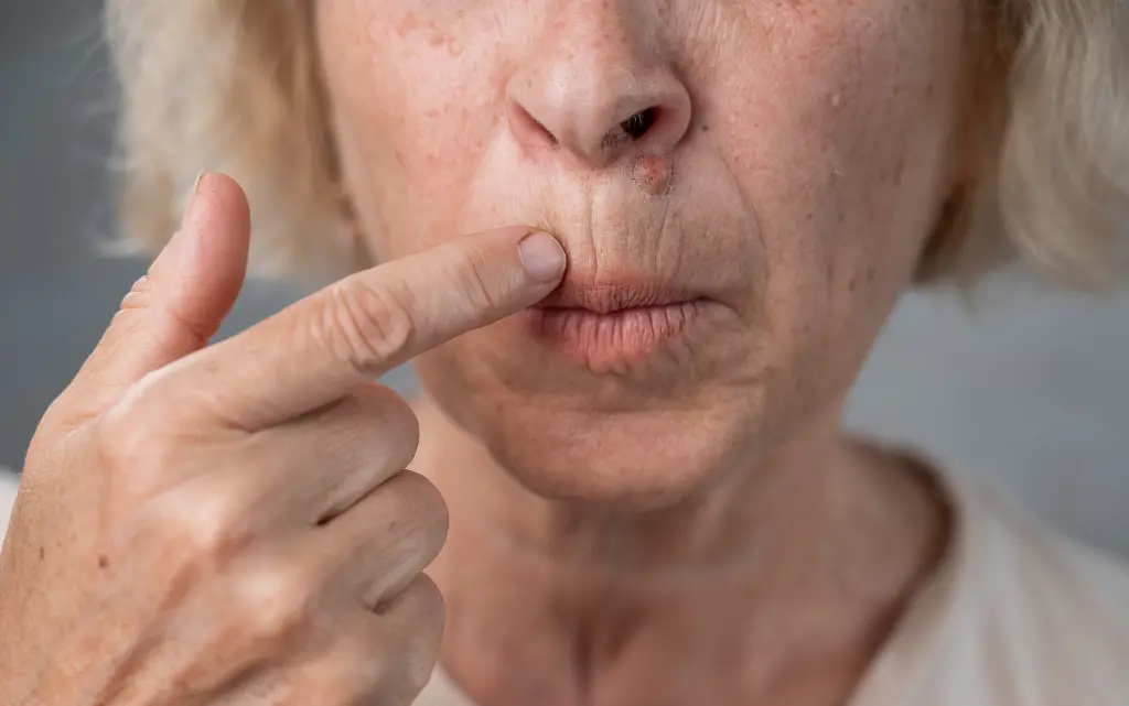 Zbliżenie na twarz starszej kobiety z wyraźną, dużą zmarszczką pionową nad wargą ust
