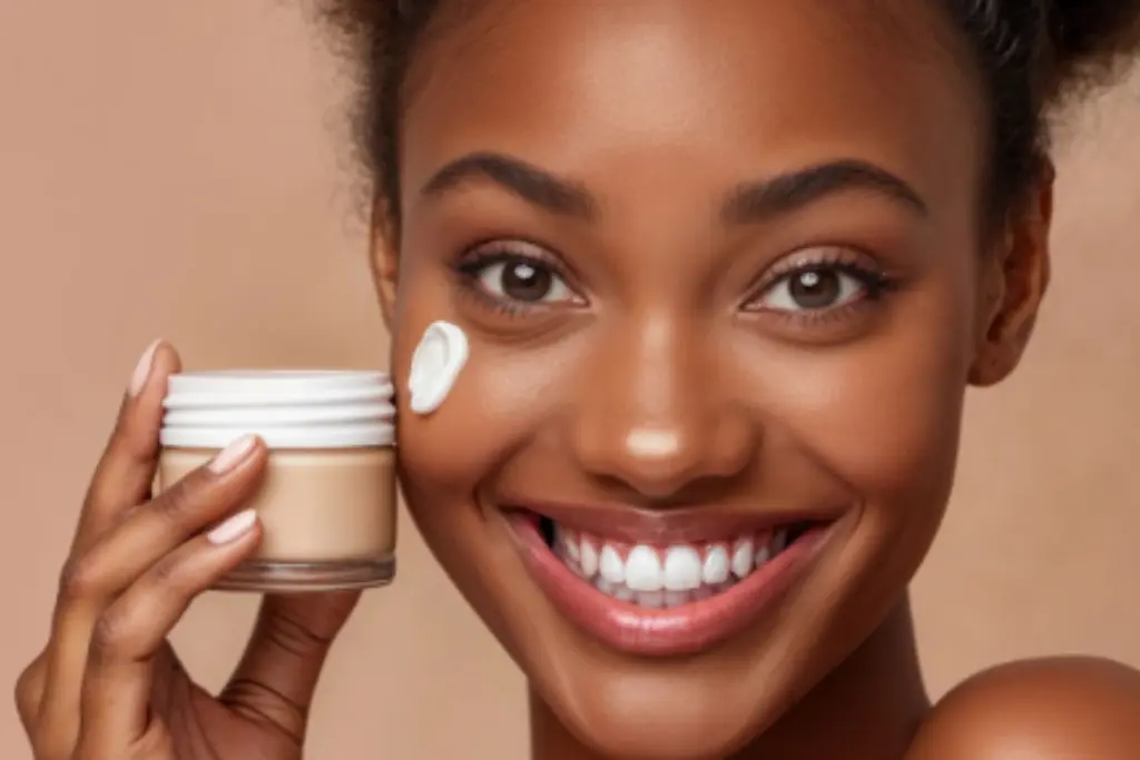 Ciemnoskóra kobieta podczas rytuału pielęgnacyjnego, trzyma w dłoni słoiczek z kremem