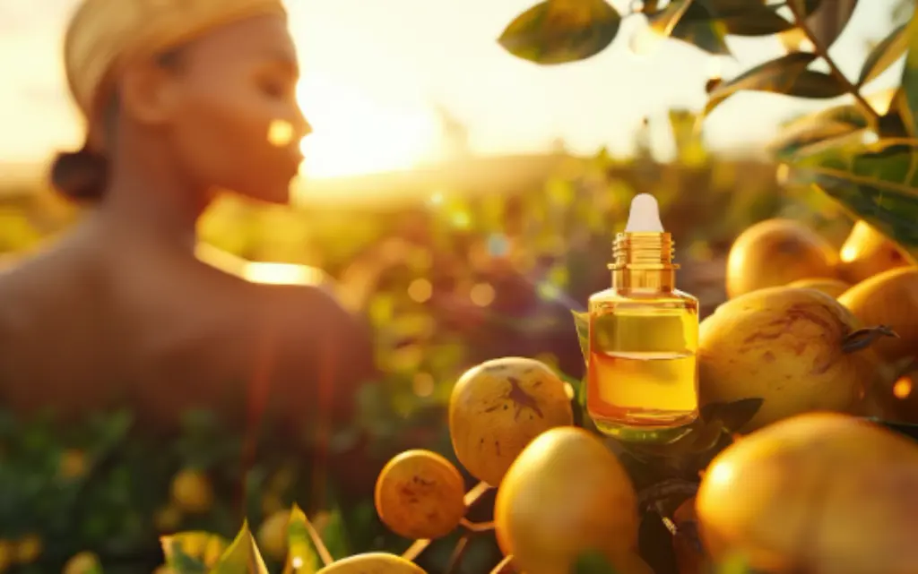 Olej Marula stojący na gałęzi drzewa owocowego Marula, w tle mieszkanka Afryki