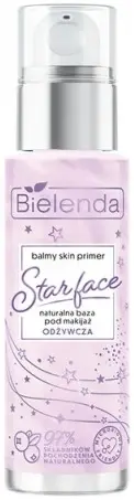 Butelka jasnoróżowej bazy do makijażu Bielenda "Starface", z pompką, ustawiona na białym tle.