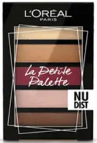 Paleta cieni L'Oréal z czterema poziomymi pasami neutralnych odcieni, zapakowana w czarne opakowanie.