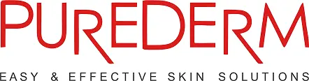 Logo PUREDERM: czerwony, stylizowany napis umieszczony nad czarnym sloganem na białym tle.