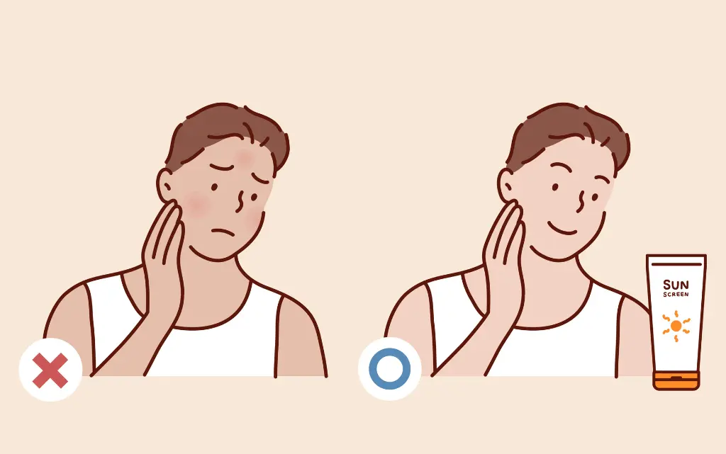 Grafika wektorowa pokazująca po lewej zatroskanego mężczyznę bez kremu, a po prawej z kremem SPF na twarzy