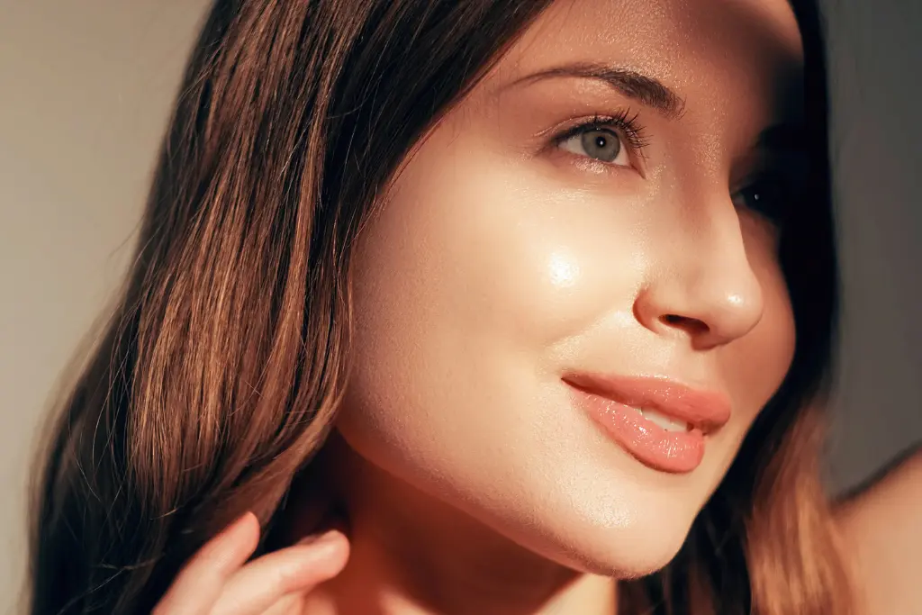 Młoda, uśmiechnięta brunetka w makijaż glow up