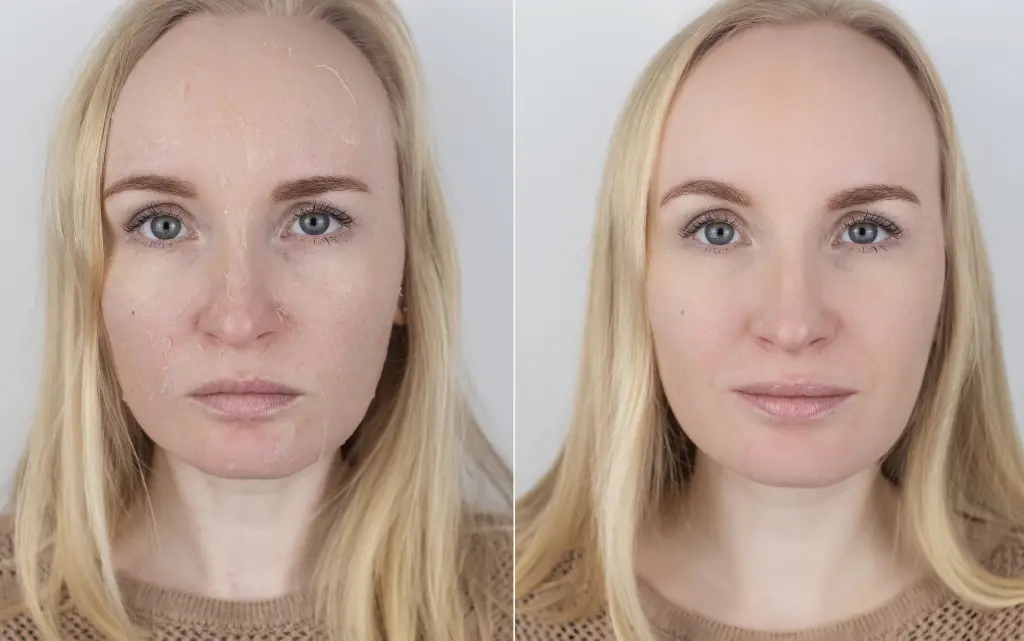 Po lewej kobieta z odwodnioną skórą twarzy, a po prawej ze skórą nawilżoną
