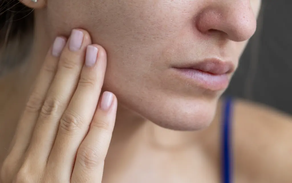 Kobieta dotyka dłonią policzka z suchą, ściągniętą cerą