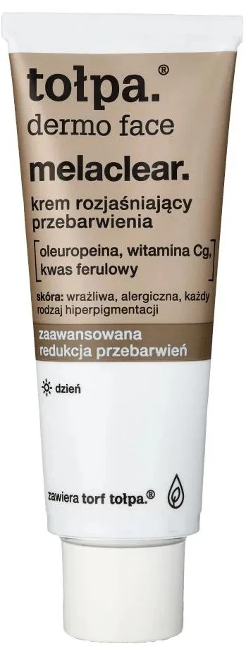 Tuba kremu Tołpa Melaclear stoi pionowo na białym tle; etykieta informuje o redukcji przebarwień.