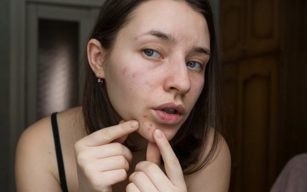 Dorosła kobieta obserwuje trądzik dorosłych na swojej twarzy