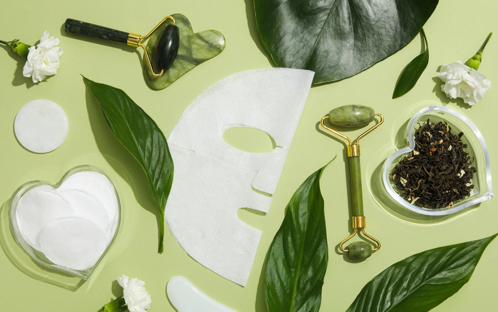 Bawełniana maska do twarzy, roller, liście zielonej herbaty i akcesoria do masażu
