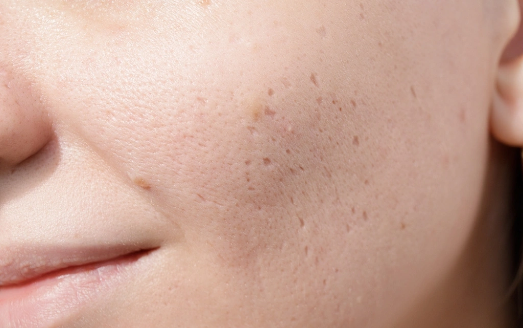 Zbliżenie na twarz kobiety z bliznami po trądziku