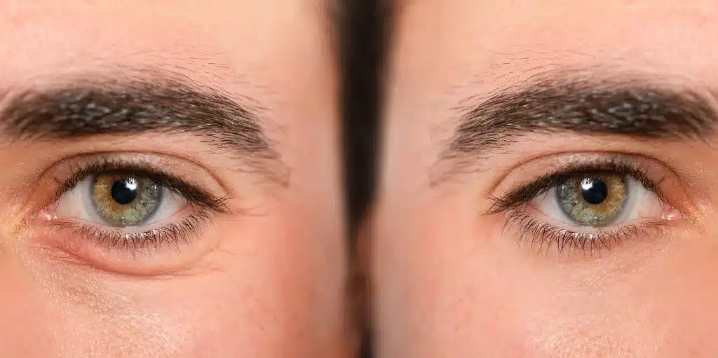 Zbliżenie na męskie oczy po lewej z opuchlizną, a po prawej bez opuchlizny