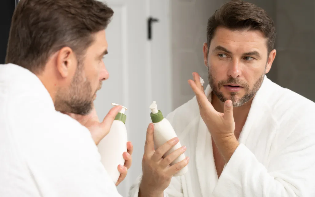 Mężczyzna w szlafroku w łazience nakłada piankę do mycia twarzy