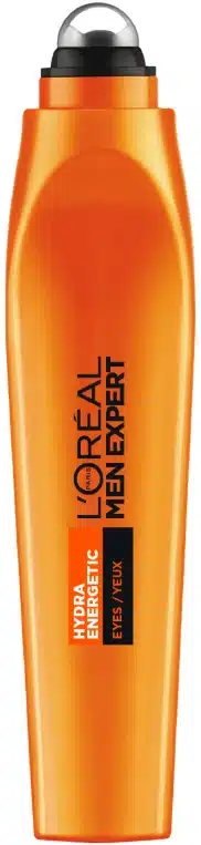 Pomarańczowa butelka z kulkowym aplikatorem stoi; L'Oréal Men Expert, produkt pod oczy, na białym tle.