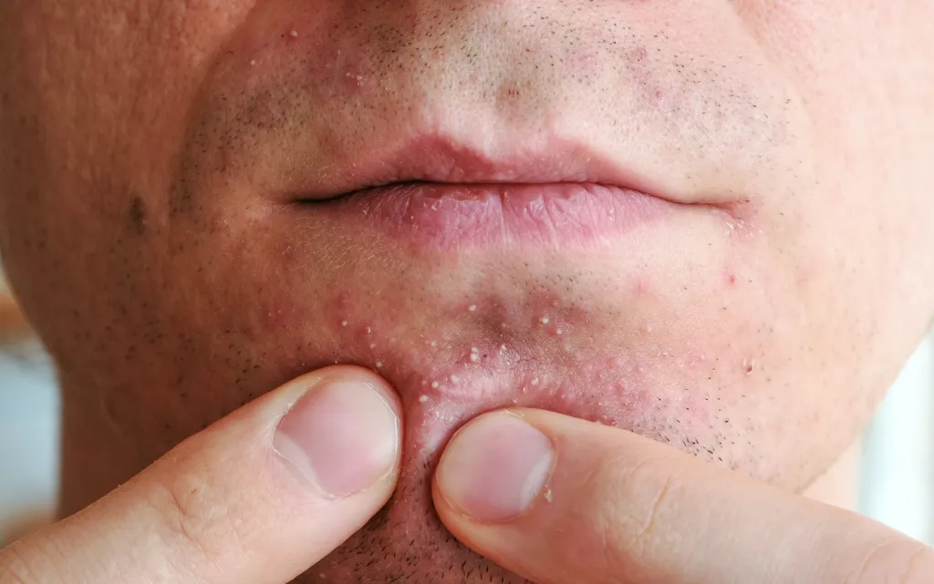 Mężczyzna próbuje wycisnąć białe pryszcze po goleniu, co jest zakazane