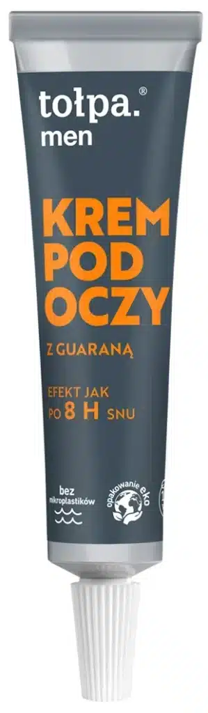 Tuba kremu pod oczy "tołpa men" stoi pionowo na białym tle, z dużym pomarańczowym napisem.