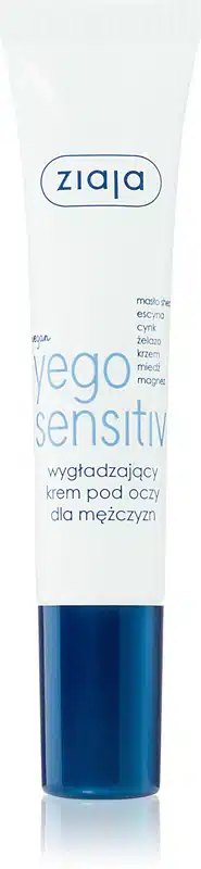 Tubka kremu pod oczy Ziaja (vego sensitive) stoi pionowo na białym tle, dla mężczyzn.