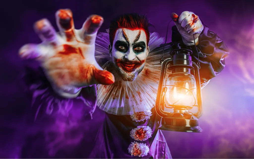 Męzczyzna w makijażu na Halloween dla chłopaka w przebraniu Jokera