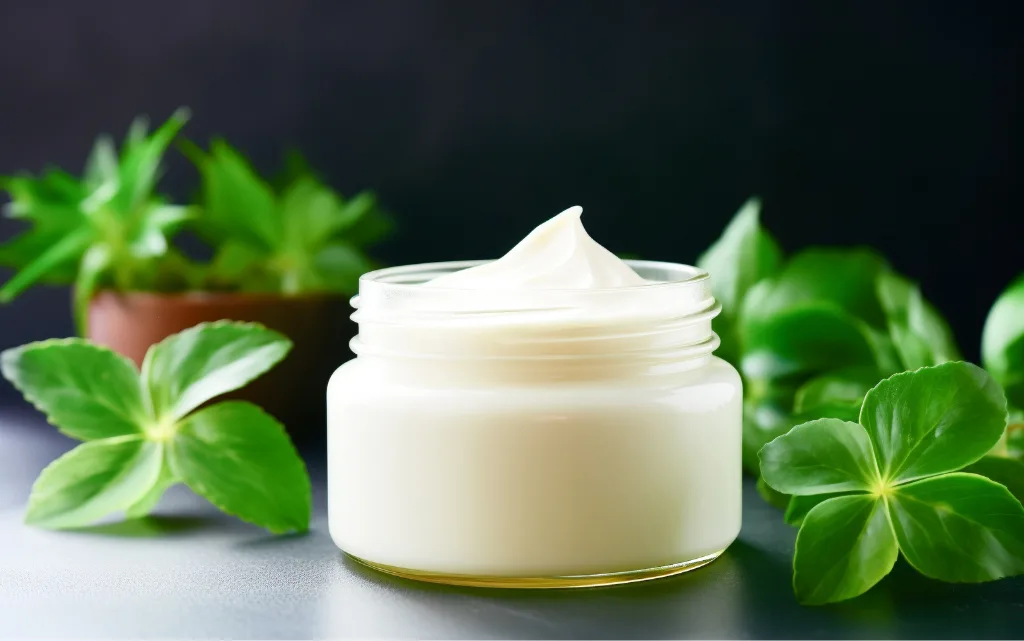 Szklany słoiczek z białym kremem CICA, w tle liście wąkroty azjatyckiej