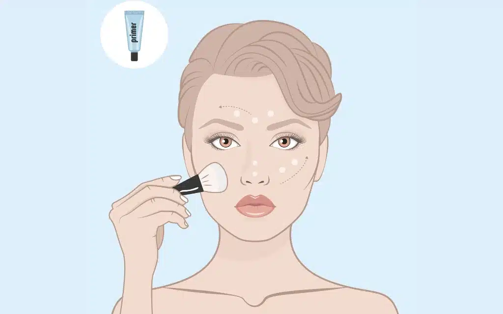 Rysunkowa grafika pokazująca kobietę nakładającą bazę pod makijaż z użyciem pędzla