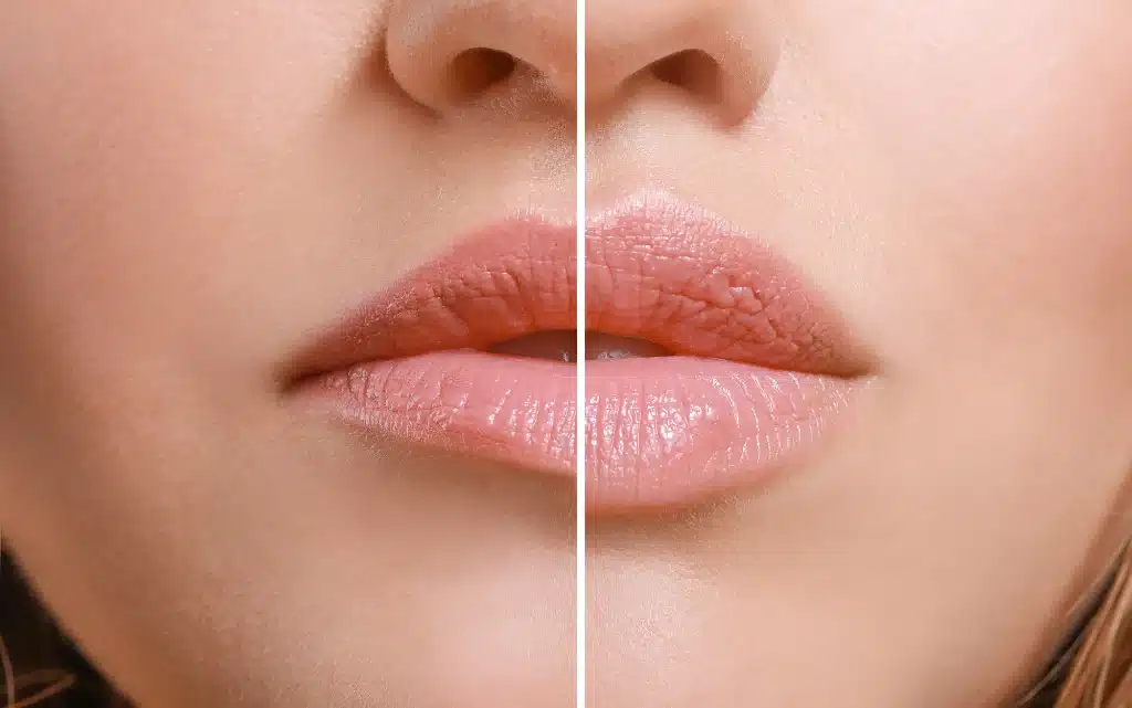 Zbliżenie na usta przed i po makijażu ust konturówką