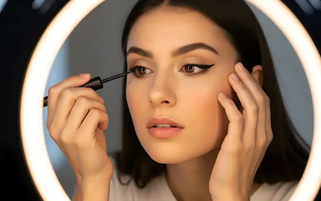 Rysowanie kreski na oku będzie prostsze przy dobrze oświetlonym lustrze, na siedząco