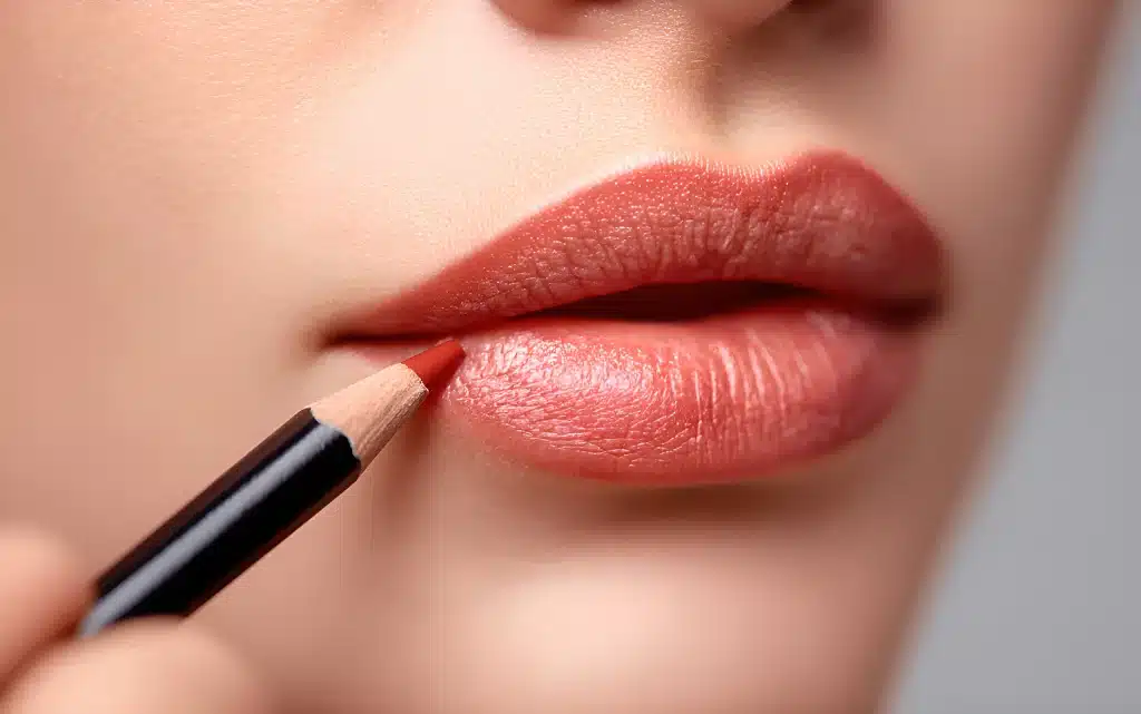 Konturowanie ust kredką w kolorze zbliżonym do naturalnego odcienia warg