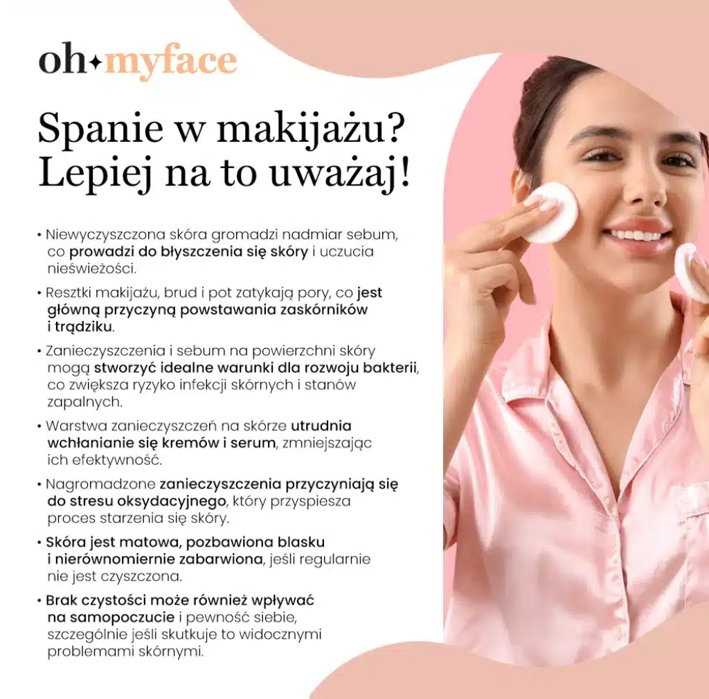 Infografika Oh My Face o skutkach spania w makijażu