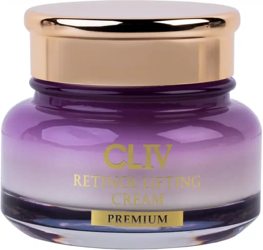 Słoik kremu CLIV Retinol Lifting stoi na białym tle; fioletowo-złoty, elegancki szklany pojemnik.