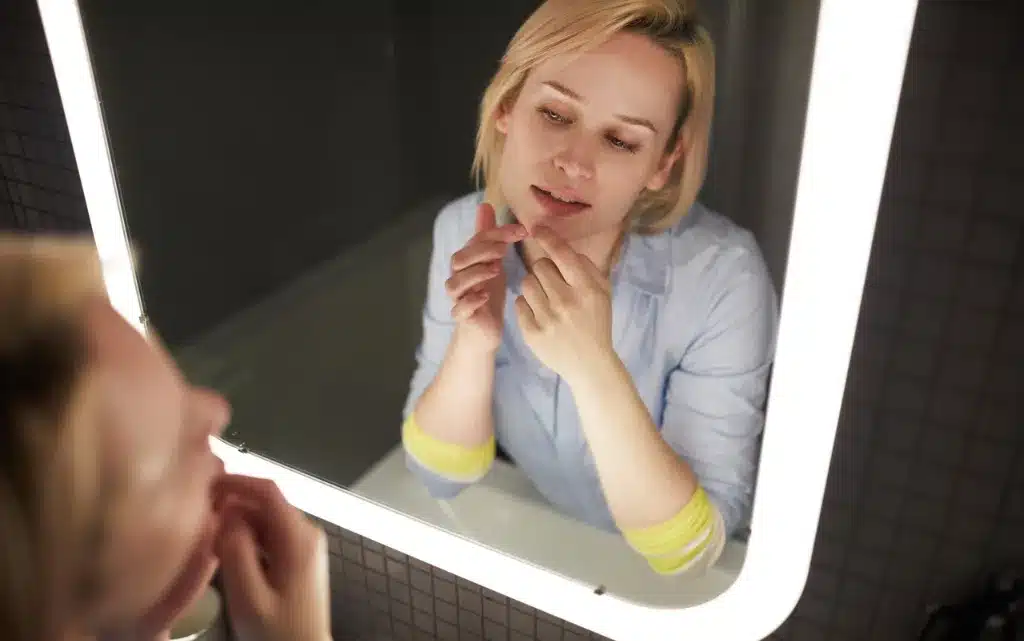 Kobieta przed lustrem w łazience próbuje wycisnąć pryszcza na brodzie