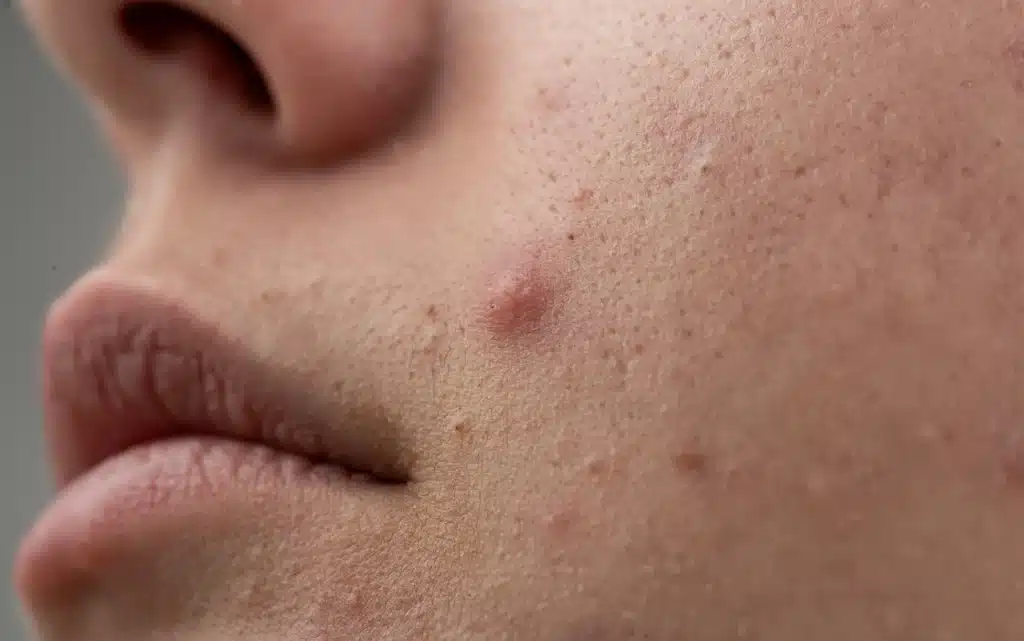 Zaczerwieniony wypukły wyprysk w okolicach ust