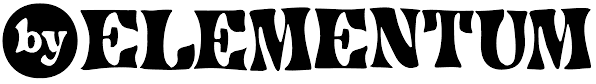 Logo "ELEMENTUM" umieszczone obok okrągłej plakietki "by", czarna stylizowana czcionka na białym tle.