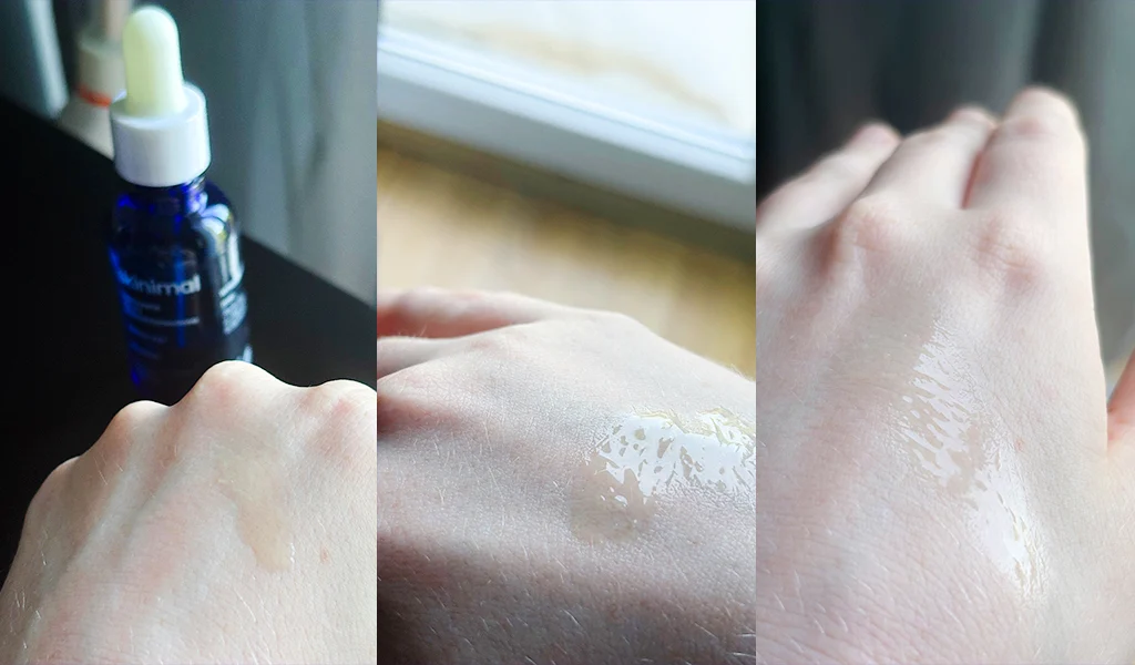 Konsystencja Skinimal Intensywnego serum przeciwstarzeniowego retinol 2% i skwalan na kobiecej dłoni