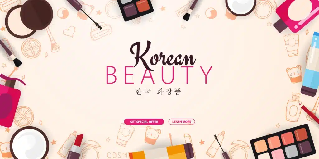 Koreańskie kosmetyki (widok z góry). Baner K-Beauty z tłem w stylu ręcznie rysowanych kosmetyków. Pielęgnacja skóry i makijaż.