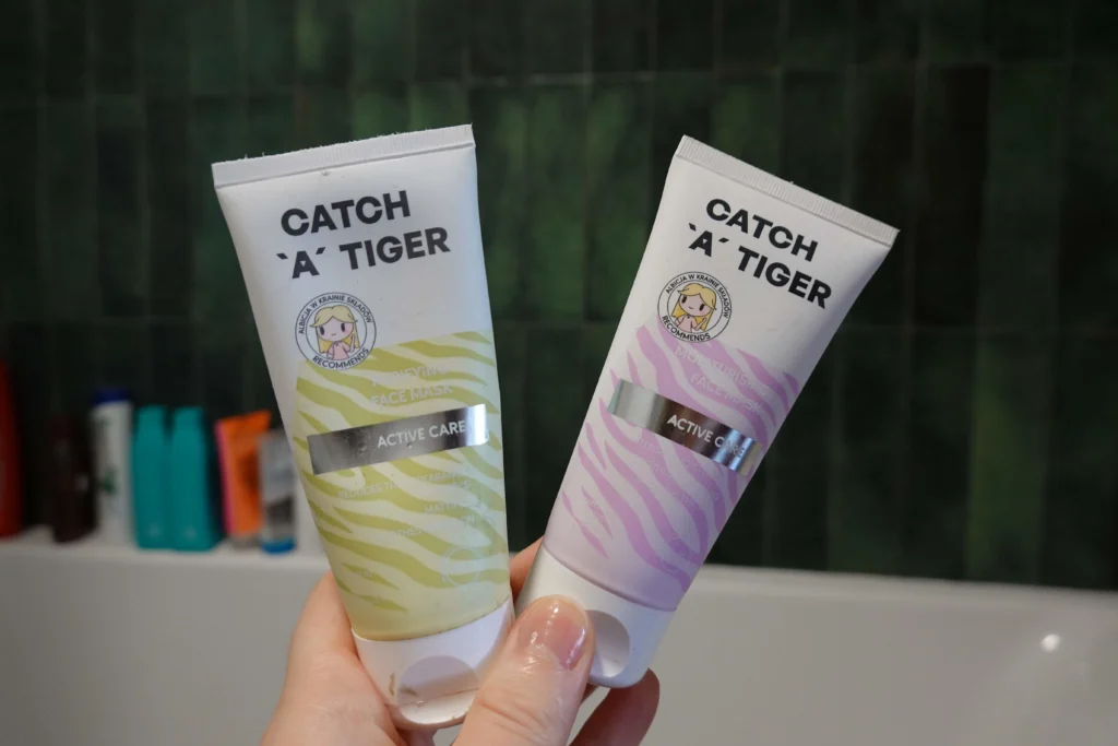 Zielona maseczka Catch A Tiger Active Care Maseczka do twarzy oczyszczająca i maseczka fioletowa nawilżająca